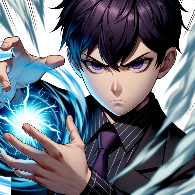 Quirk Manifestation - Jerisia Yaoyorozu, an immensely powerful male character from Boku No Hero Academia with short dark purple hair and black eyes, is caught in a moment of intense action. He uses his Earphone Creation quirk to emit a forceful soundwave, showcasing his extraordinary abilities. - AI image generated with Art