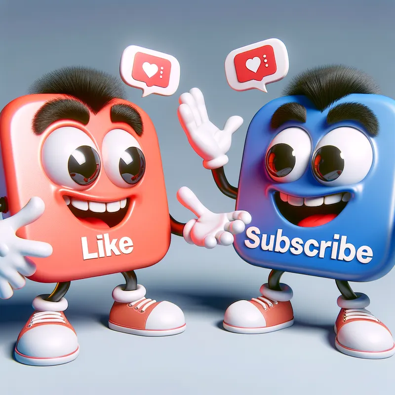 Quirky Button Characters - Two cartoon button characters, one 'Like' and one 'Subscribe', having a light-hearted argument, with exaggerated facial expressions and comical gestures. - AI image generated with Art