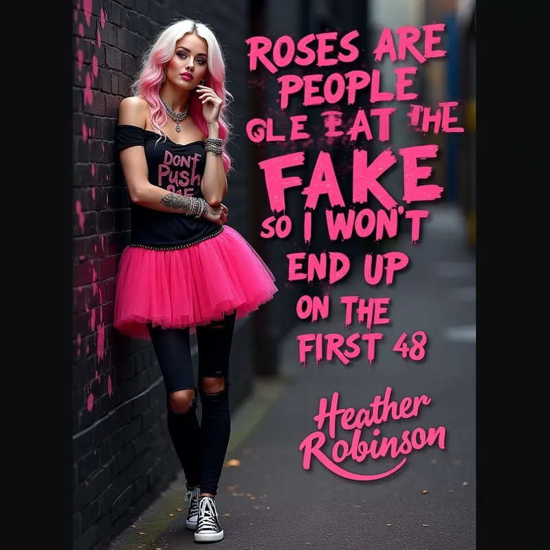 Quirky Dark Alley Glam Poster - Create a stylized 3D meme poster inspired by my provided photo, featuring a beautiful, funny, quirky woman in a moody dark alley. She stands with her shoulder against the wall, arms folded, one hand at her face touching her chin, legs crossed, and winking confidently. She has wavy platinum blonde hair with vivid hot pink highlights. Outfit includes black distressed leggings, a sparkly hot pink tulle skirt, an off-the-shoulder hot pink shirt reading 'Don’t Push Me' in glitter lettering, hot pink and black Converse, silver hoop earrings, silver bracelets, necklaces, a lip ring, and tattoos. Use black and hot pink as the dominant colors. Add dramatic pink splatter details on the wall and pavement for edgy humor. Place the quote in large shiny hot pink text: 'Roses are RED, People are FAKE, I stay to MYSELF, So I WON'T end up on the first 48!' Add 'Heather Robinson' in elegant decorative script with hearts and swirls in the lower corner. - AI image generated with Photorealistic 2