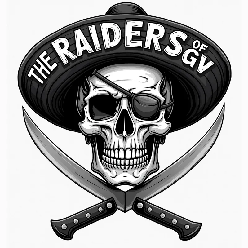 RGV Raider - An elaborate grayscale illustration showing a skull with a sombrero and an eye patch on the left eye. The skull is holding two machetes, with the words 'RAIDERS OF THE RGV' wrapped around it. - AI image generated with Text