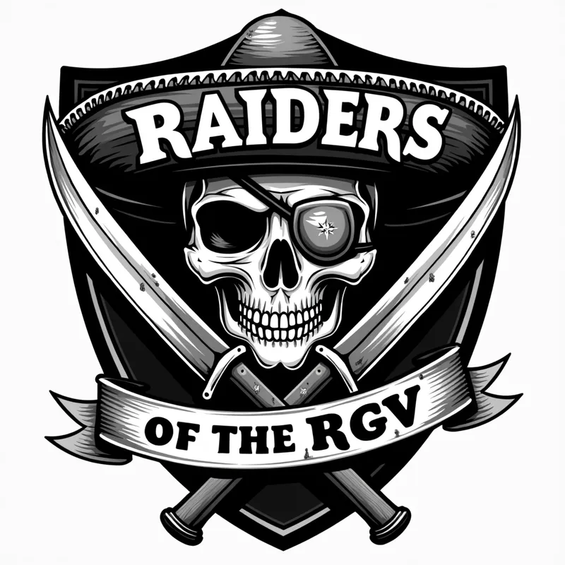 RGV Raider's Skull Shield - A grayscale illustration of a skull wearing a sombrero with an eye patch over its left eye, gripping two crossed machetes. The large words 'RAIDERS OF THE RGV' wrapped inside, and the entire composition is set within a shield. - AI image generated with Text