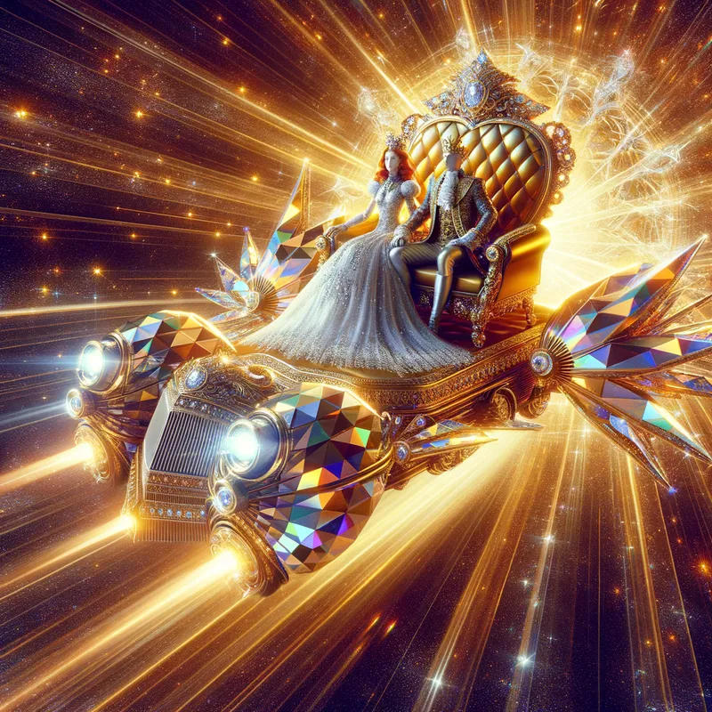Radiant Crystal Throne - Grand King with his beautiful wife on radiant bright throne on a flying advanced multicolored golden crystal vehicle - AI image generated with Art