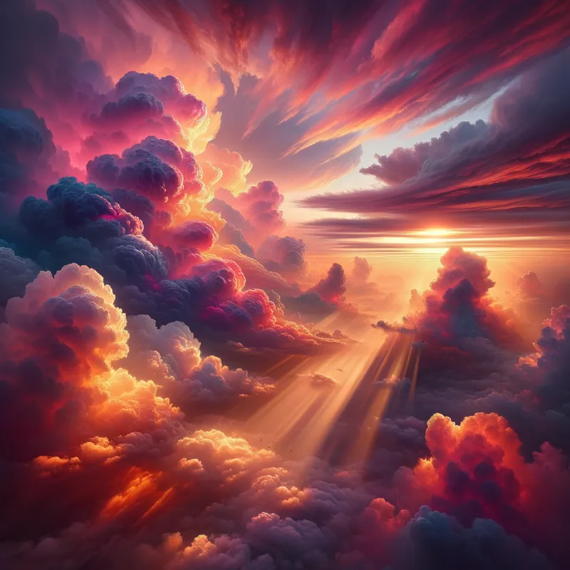 Radiant Dawn - An enchanting landscape at sunrise, featuring a dramatic cloudscape with cumulous clouds in stunning pinks, fiery reds, and glowing oranges. Shafts of sunlight pierce through the clouds, casting an ethereal glow. - AI image generated with Art