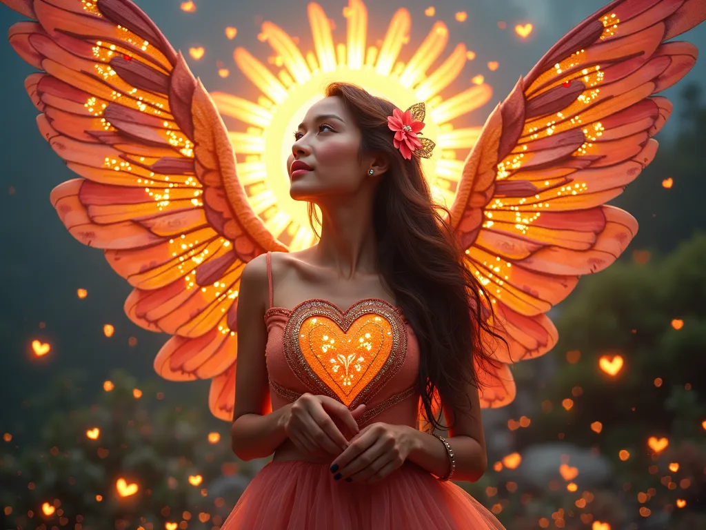 Radiant Diwata of Love - A breathtakingly stunning depiction of the Filipino mythological creature, Diwata, radiating love and positivity. She's surrounded by a luminous halo of love hearts that pulse with an inner light, symbolizing the transformative power of love. Her majestic wings are adorned with colorful feathers and intricate patterns inspired by traditional Filipino textiles. Subtle yet meaningful Filipino cultural references, such as tinikling poles, kulintang gongs, and the Sarimanok bird, add depth and authenticity to the design. The Diwata's expression conveys serenity, compassion, and love, as if bestowing blessings upon all who behold her. - AI image generated with Photorealistic 2 - photorealistic, close-up macro photograph, surrealismus