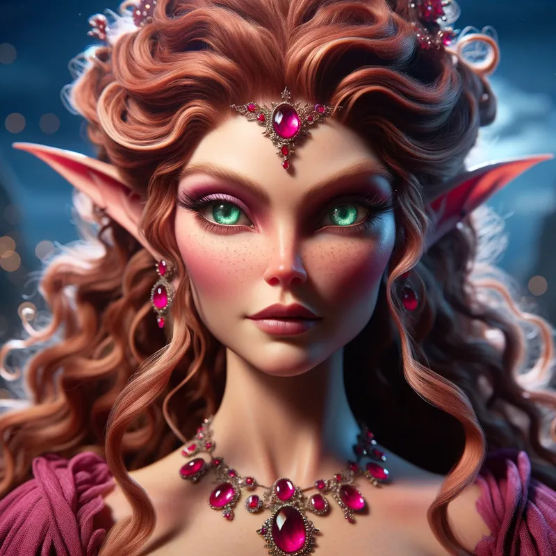 Radiant Elvin Majesty - A striking elvin queen with reddish brown and pink curly hair, and vibrant bright green eyes. She is adorned with a multitude of gems and wears a magenta dress adorned with rubies, standing under the enchanting light of a moonlit sky. - AI image generated with Art