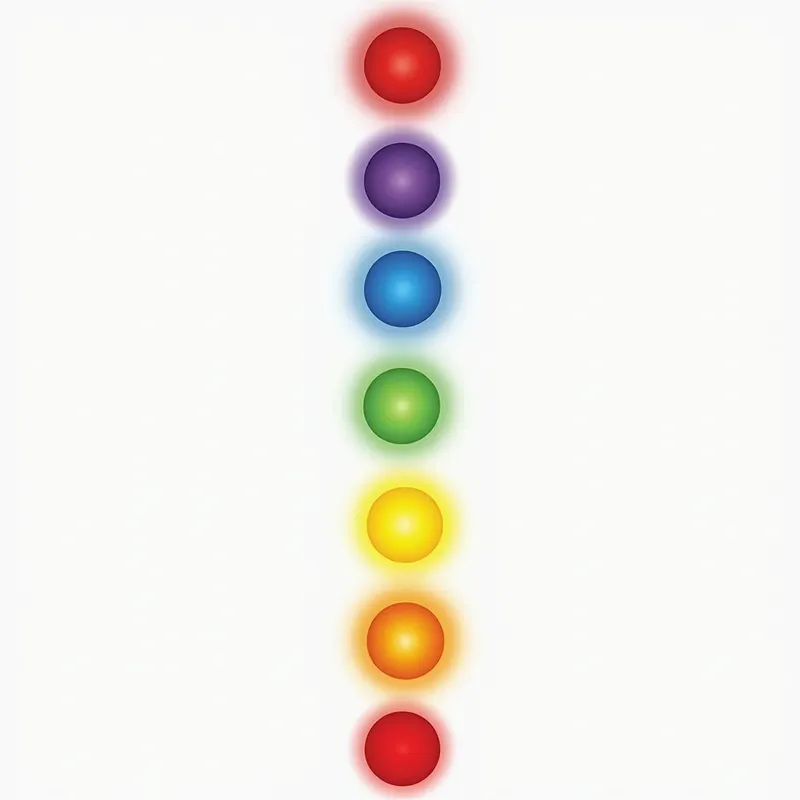 Radiant Energy Flow - An artistic depiction of the seven chakras with simple, clean lines. Each chakra is represented by a vivid, glowing circle radiating its own unique color against a white background. - AI image generated with Photorealistic 2