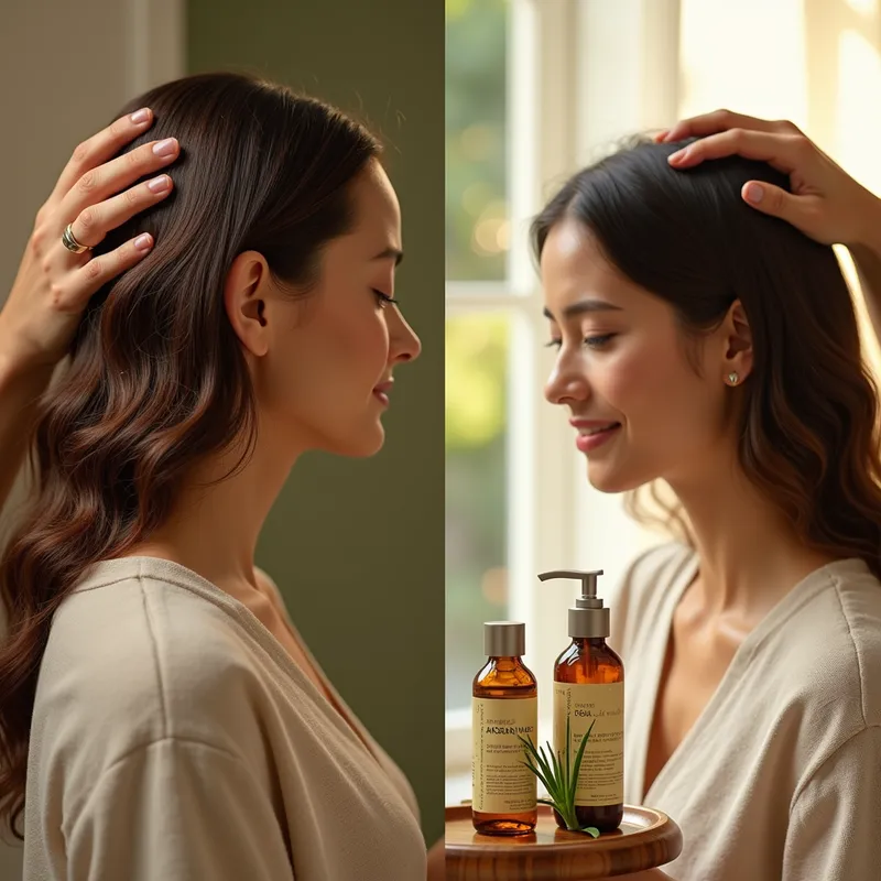 Radiant Healthy Hair Care - Photorealistic studio composition focused on hair health and care: split scene — left macro close-up of glossy, healthy hair strands and a clean scalp with visible, healthy follicles and tiny water droplets reflecting light; right spa vignette with two diverse models (one female, one male, different ethnicities) receiving a gentle scalp massage from a stylist, relaxed expressions, mid-length hair with natural movement. Foreground arranged on a minimalist wooden tray: clear glass bottle of argan oil, fresh aloe vera leaf, rosemary sprig, and a labeled sulfate-free shampoo pump (no brand). Soft warm natural lighting, shallow depth of field, crisp high-resolution texture on hair, skin, and botanical elements, subtle bokeh background in warm honey, soft greens and creams. Clean modern aesthetic, balanced composition, photorealistic detail, 8k, no text or logos. - AI image generated with Photorealistic 2