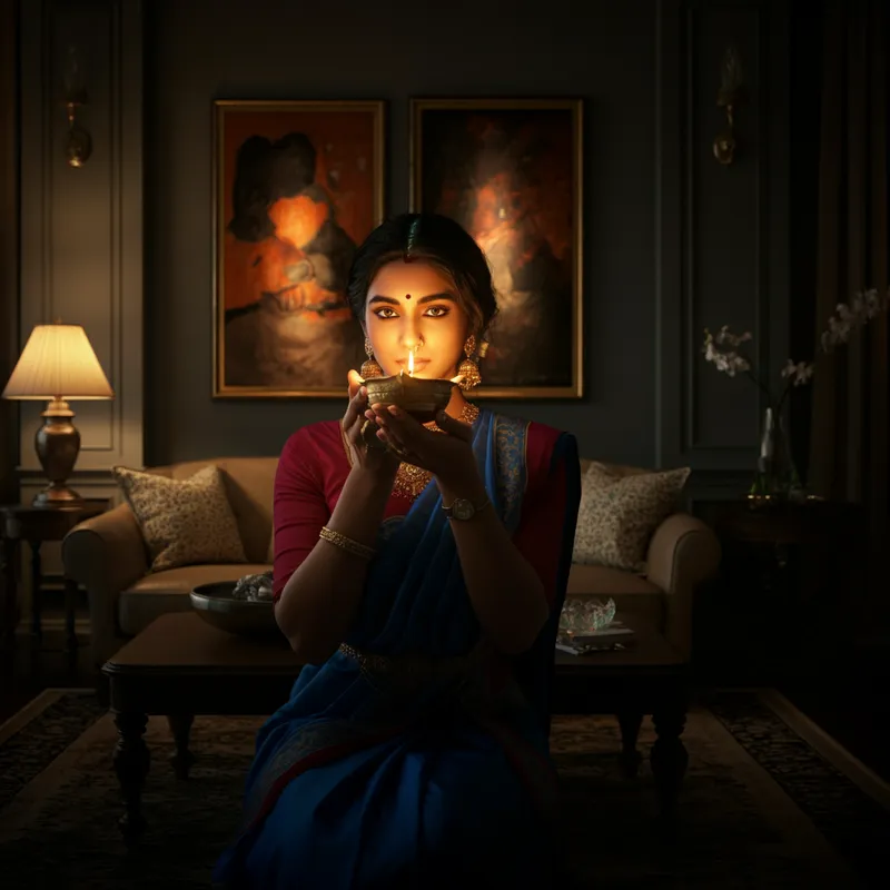 Radiant Lady with Lamp - A high-resolution realistic photo showing a beautiful Indian woman in her living room, holding a traditional lamp that illuminates her face. The decor features artwork and plush furnishings, creating a welcoming and sophisticated environment. - AI image generated with Imagen 3