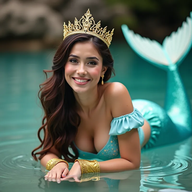 Radiant Mermaid Princess - A stunning photograph of a beautiful woman dressed as a mermaid. She is a princess adorned with a golden crown, wearing a light blue blouse with golden cuffs, and a turquoise fishtail. She is laying on her belly wearing a captivating smile, as if she’s found the prince she’s been searching for. - AI image generated with Photorealistic 2