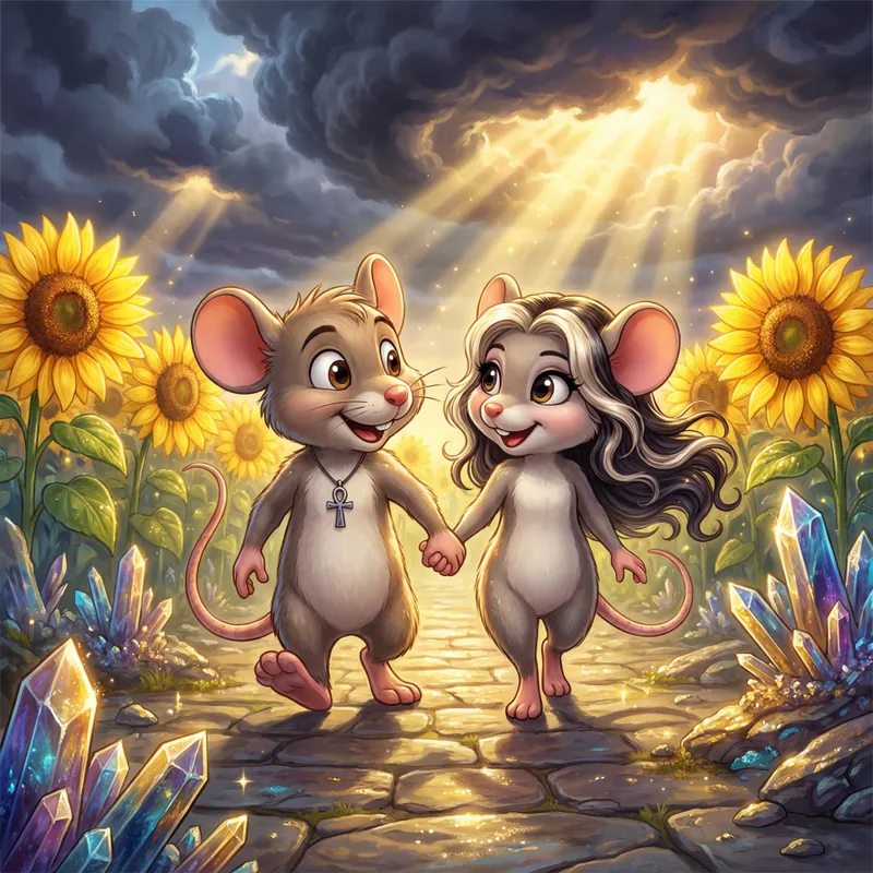 Radiant Mouse Stroll - A big-eyed, bubbly male mouse wearing an ankh necklace walks hand-in-hand with a big-eyed, bubbly female mouse with long dark hair streaked with platinum blonde. They stroll down a stone walkway lined with towering, radiant sunflowers. Sparkling crystal formations rise from the earth on either side of the path. Behind them, a thunderstorm drifts away, and golden sunlight bursts through the clouds, illuminating their joyful moment. - AI image generated with 4K Pro - vivid colors, cartoony, Luis Royo