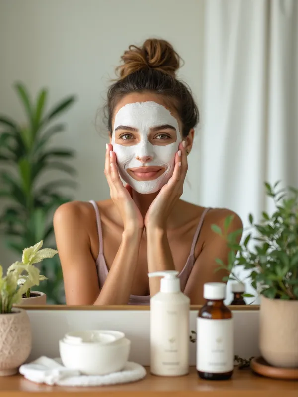 Radiant Skin Care Ritual - A serene and calming scene of a young woman performing a detailed facial skin care routine, featuring natural and organic skincare products. The setting includes a well-lit bathroom with plants and soft pastel colors, emphasizing a sense of relaxation and self-care. Various elements like facial masks, cleansers, and serums are arranged neatly on a wooden counter, conveying the importance of a holistic approach to skin care. - AI image generated with Photorealistic 2