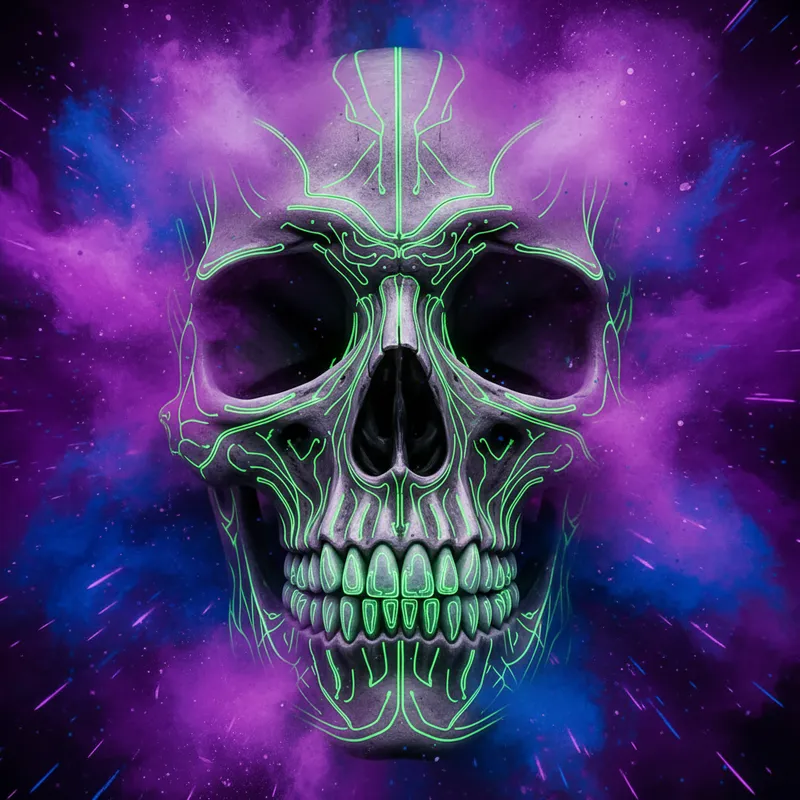 Radiant Skull Fragments - A futuristic zoomed-in view of a skull's upper jaw and cranium, the bones etched with delicate neon green highlights, set against a background bursting with vibrant purple and blue color splatters. - AI image generated with Nano Banana
