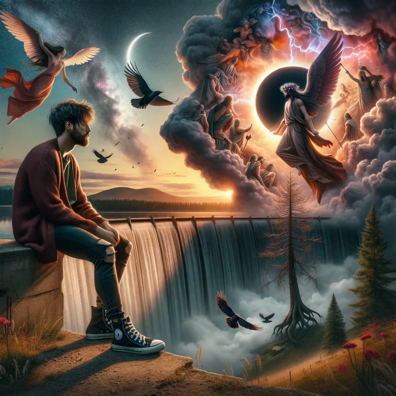 Ragnarok Rising - dawn sky, partial eclipse, a lighting cloud in sky, gods/angel warriors bursting through opening in sky, yggdrasil tree with odin hanging from branch, crows around tree, a dam is bursting through its foundations with a white man black brown bed head hair with beard. He's wearing a maroon cardigan and converse shoes hes standing directly underneath the bursting dam - AI image generated with Photorealistic - close-up macro photograph
