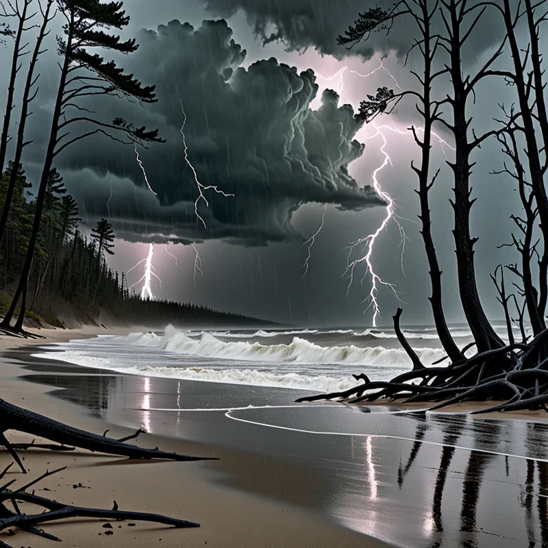 Rain-Soaked Haunted Forest - Under a fierce downpour and strobing lightning, the foreground reveals a beach of gray sand, leading into a dense, haunted forest filled with leafless, blackened trees. Wild waves crash nearby, intensifying the scene's haunted atmosphere. - AI image generated with Fictional