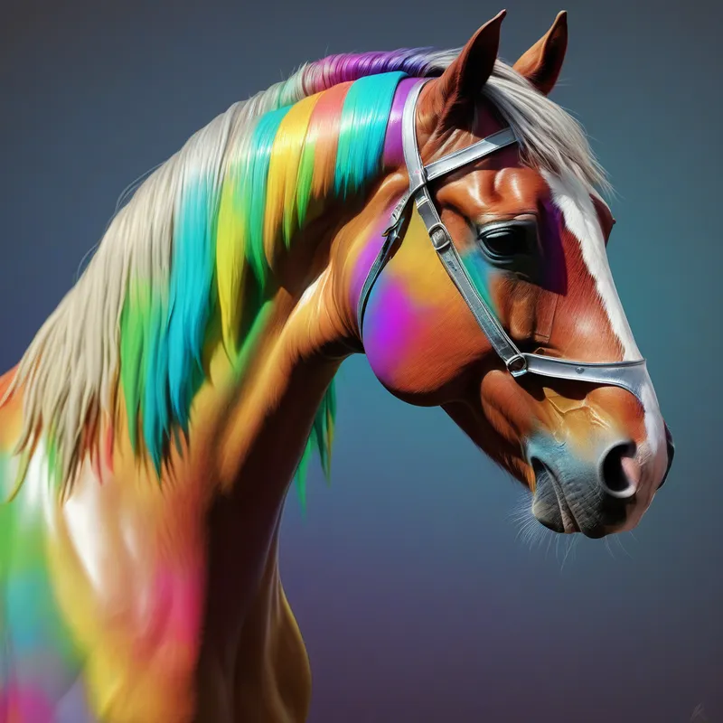 Rainbow Chrome Horse - A horse of a different color. 6k,1080P, Airbrush 6.3, Oilpaint 6.3, Shader 7.3, rainbow chrome 3.1 <lora:Type 3:1.6> - AI image generated with Photorealistic