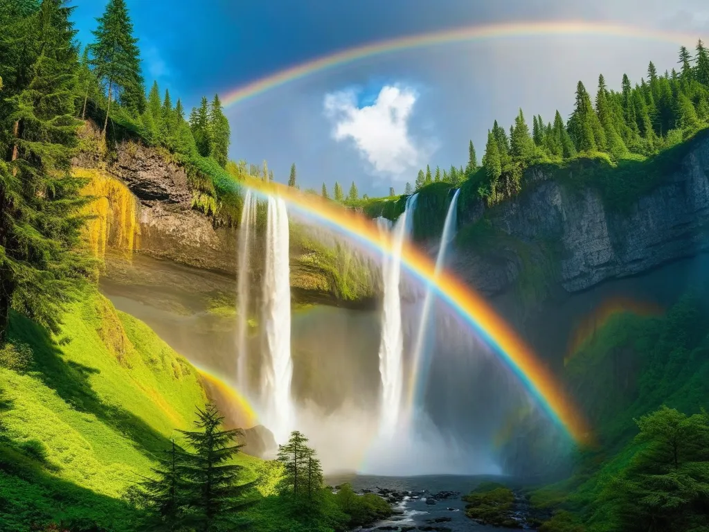 Rainbow Forest Waterfall - scenic forest with waterfalls and a rainbow, 1920x1080 - AI image generated with Photorealistic