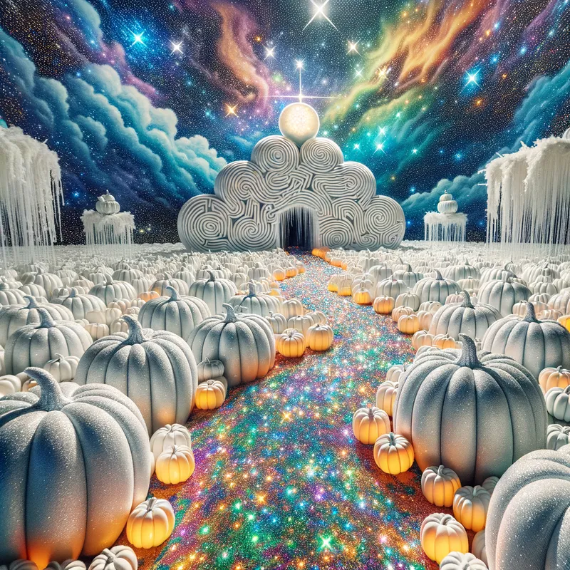 Rainbow Glitter Path - A whimsical scene with a 3D corn maze featuring white pumpkins, and a dazzling path covered in rainbow glitter that sparkles under an enchanting sky. - AI image generated with Art