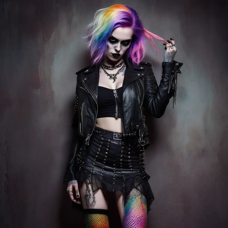 Rainbow-Haired Gothic Siren - Gothic with rainbow gradient hair (purple to pink to orange to yellow), dramatic dark makeup, skull jewelry, leather studded jacket, lace skirt, fishnets, tattoos, pale skin, seductive pose, moody cinematic lighting, dark fantasy, highly detailed, photorealistic - AI image generated with Photorealistic - alcohol ink, fantasy art