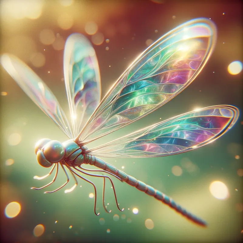 Rainbow Wings - A close-up image of a dragonfly in flight, showcasing its transparent wings that reflect a rainbow of colors against a blurred natural background. - AI image generated with Art - fantasy art, cartoony