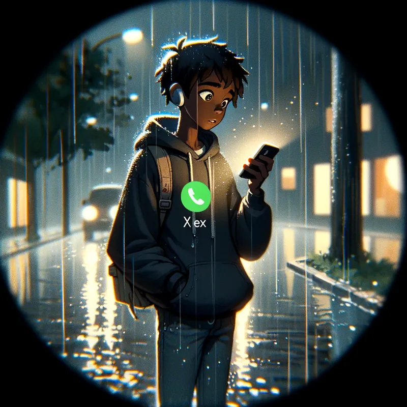 Rainy Call from Ex - Anime Style - anime black teen man walking in the rain looking at his phone ringing with caller id "ex" - AI image generated with Art - ghibli, fish eye