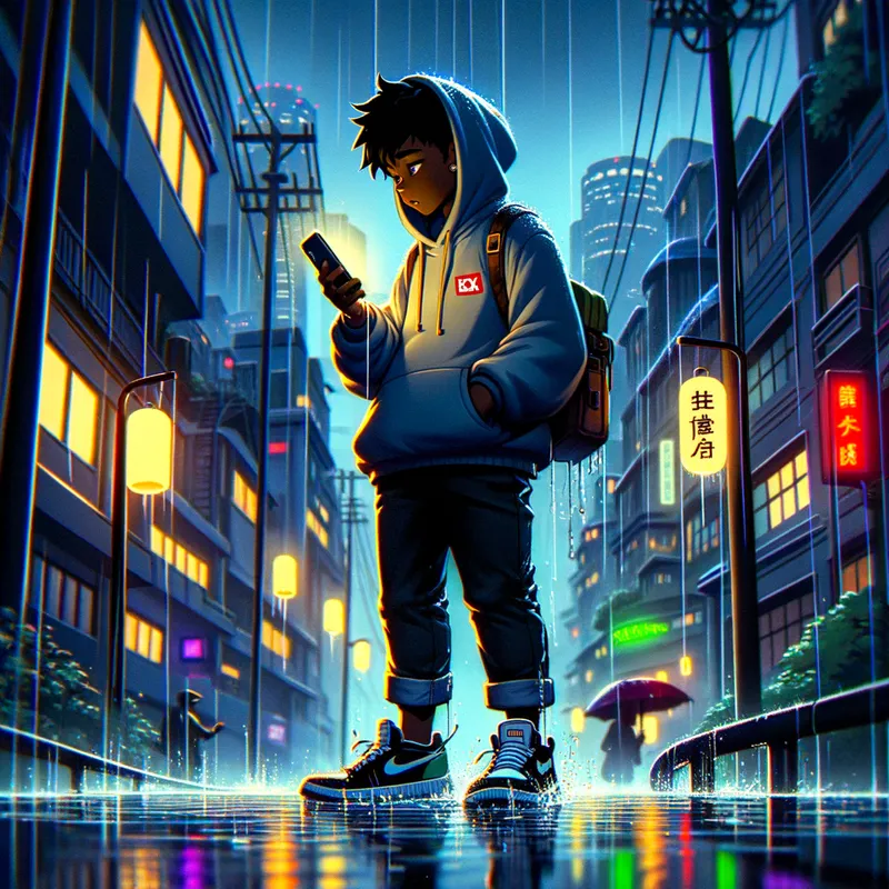 Rainy Call from Ex - Anime Style - anime black teen man walking in the rain looking at his phone ringing with caller id "ex" - AI image generated with Art - ghibli, fish eye