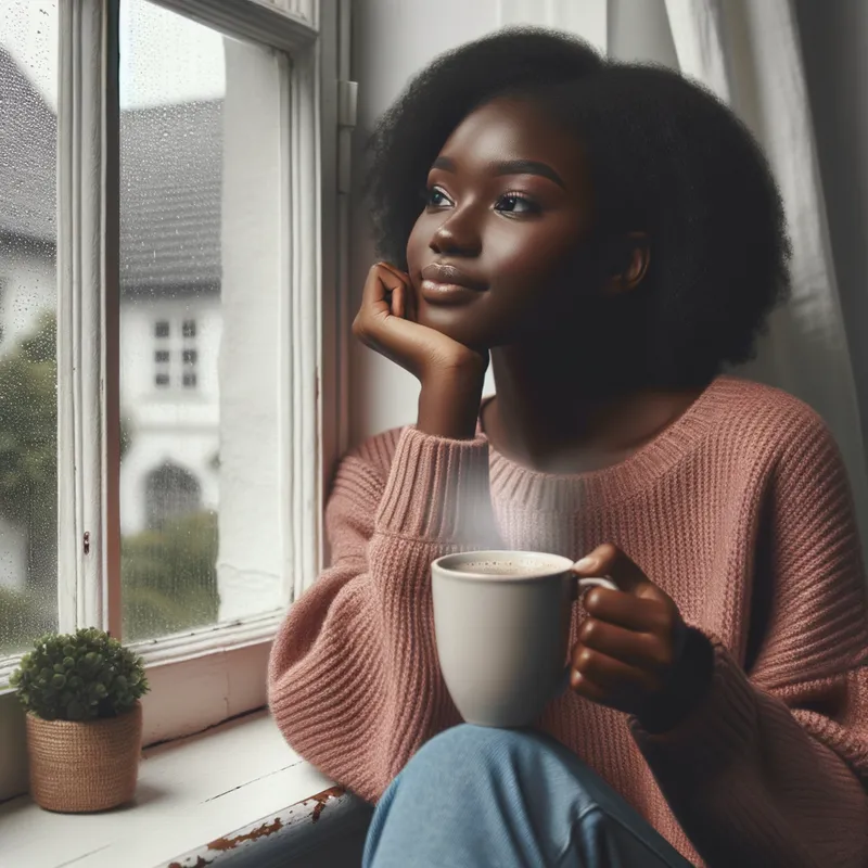 Rainy Day Coffee - A black girl sitting by a large window, watching the rain outside while holding a steaming cup of coffee. She looks thoughtful and relaxed, with a comforting, rainy day ambiance. - AI image generated with Art