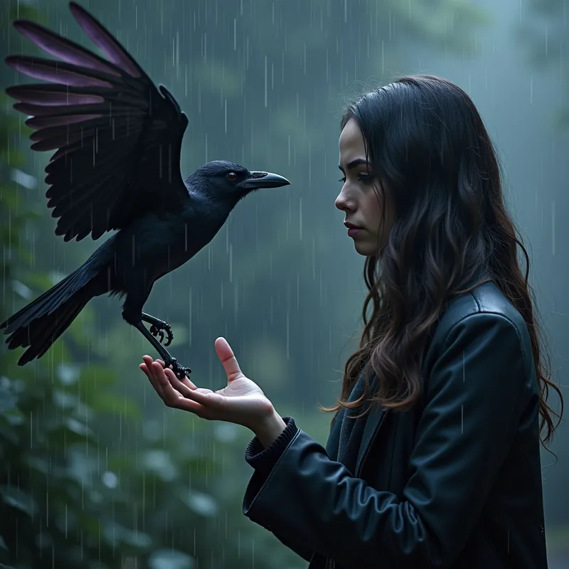 Rainy Farewell - A heartbroken 30-year-old Caucasian woman in a heavy downpour, extending her hand to an obscure raven with faint purple feathers, rain droplets falling on her face as she gazes at the bird. - AI image generated with Photorealistic 2