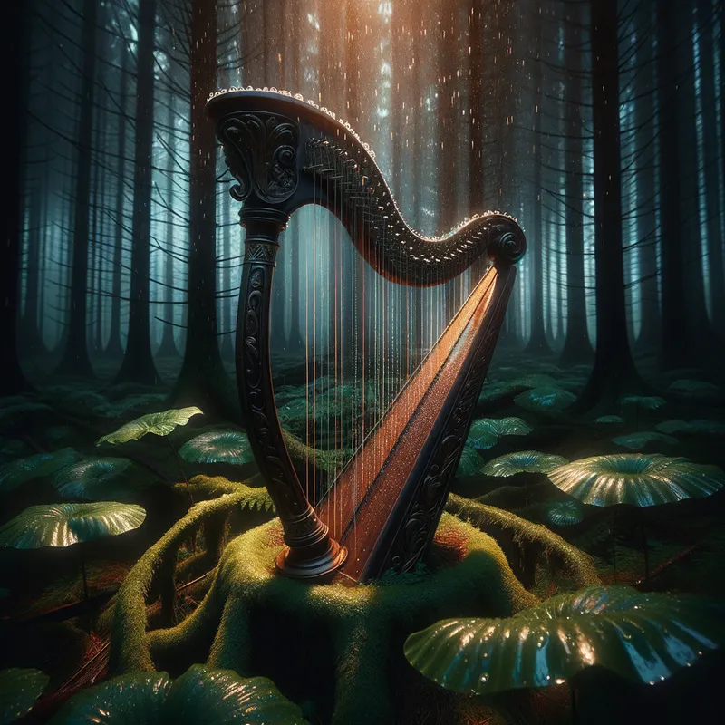 Rainy Forest Lyre Harp - lyre harp, rain, dark forest - AI image generated with Art