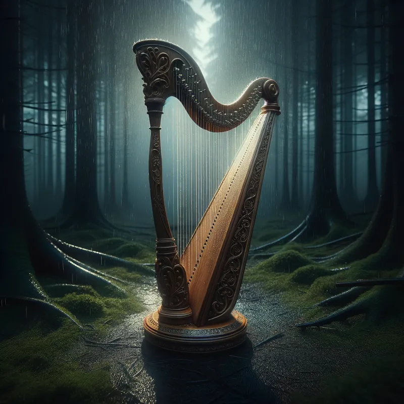 Rainy Forest Lyre Harp - lyre harp, rain, dark forest - AI image generated with Art
