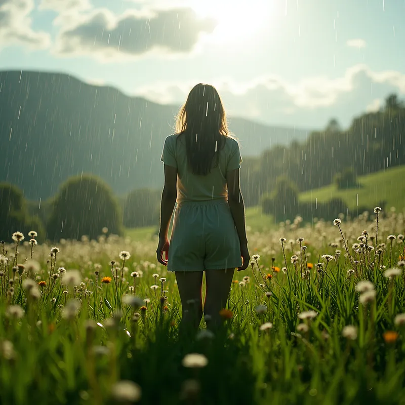 Rainy Solitude - A person standing under a gentle rain in a lush green meadow, surrounded by wildflowers and distant hills, with droplets glistening in the soft light. - AI image generated with Photorealistic 2