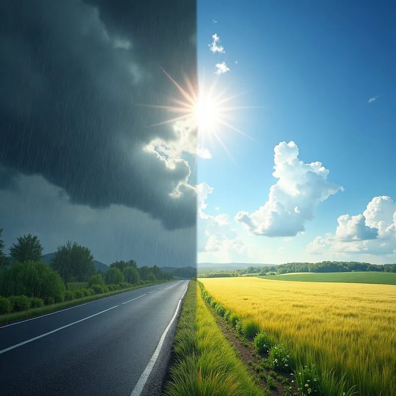 Rainy and Sunny: A Harmonious Blend - A picturesque scene where one half of the image depicts a rainy day with dark clouds, raindrops, and wet ground, while the other half showcases a sunny day with bright sunlight, clear skies, and vibrant colors. The transition between the two halves is smooth, creating a harmonious blend of contrasting weather conditions. - AI image generated with Photorealistic 2