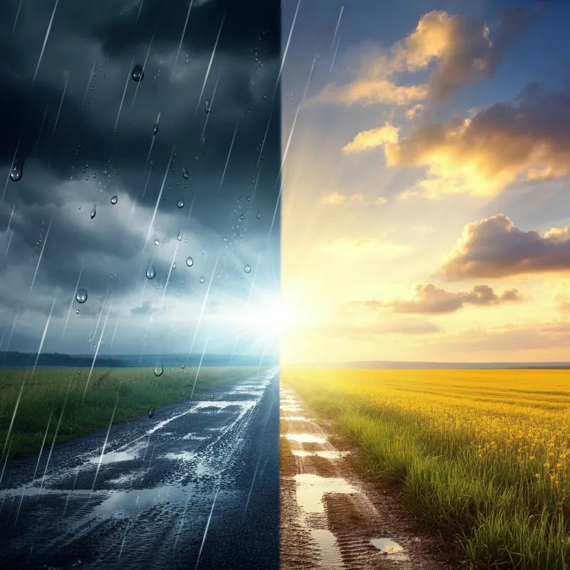 Rainy and Sunny: A Harmonious Blend - A picturesque scene where one half of the image depicts a rainy day with dark clouds, raindrops, and wet ground, while the other half showcases a sunny day with bright sunlight, clear skies, and vibrant colors. The transition between the two halves is smooth, creating a harmonious blend of contrasting weather conditions. - AI image generated with Imagen 3