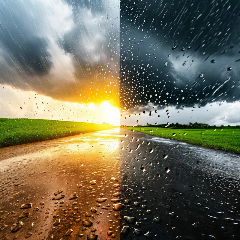 Rainy and Sunny: A Harmonious Blend - A picturesque scene where one half of the image depicts a rainy day with dark clouds, raindrops, and wet ground, while the other half showcases a sunny day with bright sunlight, clear skies, and vibrant colors. The transition between the two halves is smooth, creating a harmonious blend of contrasting weather conditions. - AI image generated with Nova Canvas