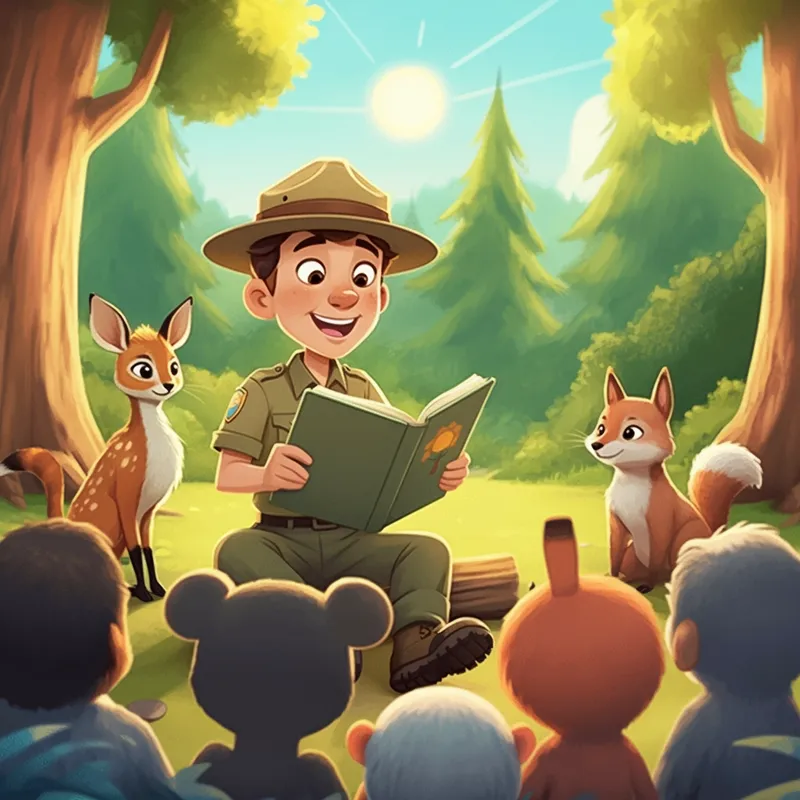 Ranger Reading Circle - Create a GIF in which a ranger character is sitting in a sunny clearing, enthusiastically reading a storybook to an audience of animated forest animals. Include dynamic animations of the ranger's storytelling expressions and the animals’ captivated reactions, creating an engaging visual for a second-grade website. - AI image generated with Imagen 3