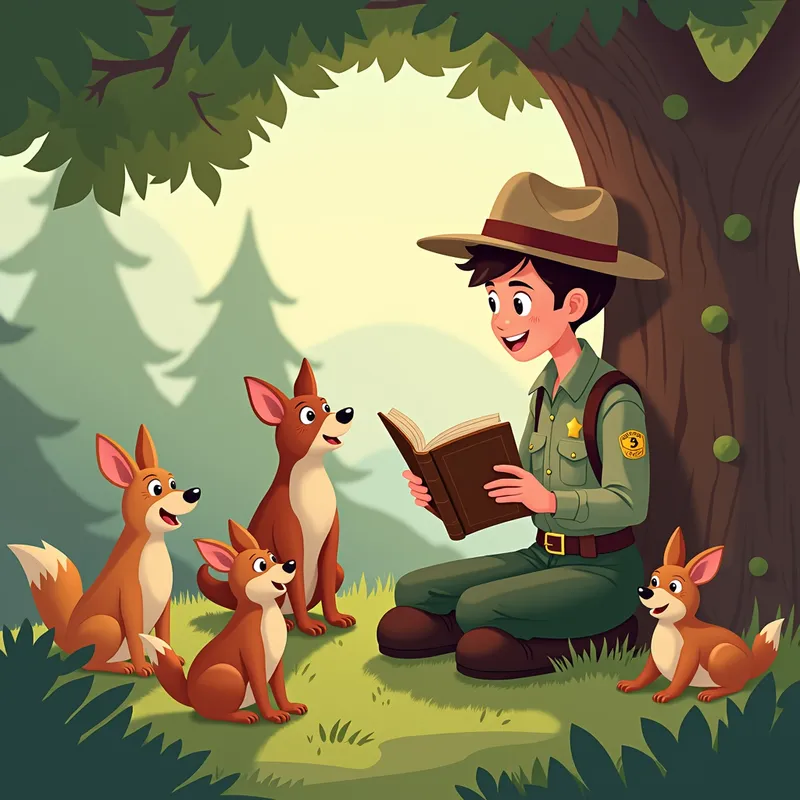 Ranger's Woodland Tale - Design a GIF portraying a ranger with an enticing book under a tree, reading to a captivated group of forest animals. Animate the ranger's mouth and hand gestures as they read, with the surrounding animals showing joyful and curious expressions, tailored for second graders. - AI image generated with Photorealistic 2