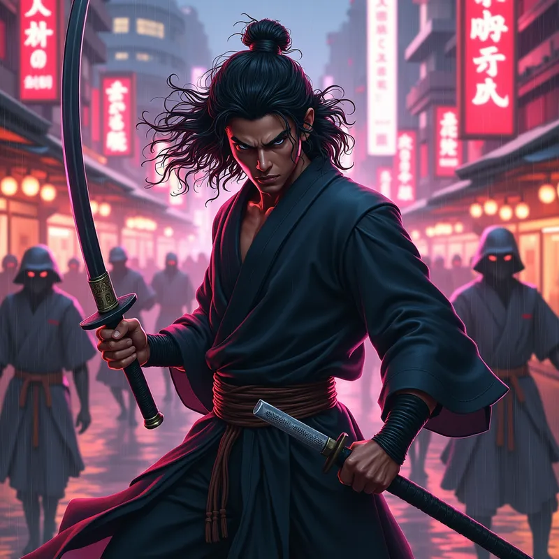 Rasengan Warrior - A fierce black samurai with light brown skin and mid-length loose curly hair is depicted in a striking neon cityscape. He brandishes a sword in one hand and a powerful rasengan in the other. The atmosphere is tense with surrounding ninjas and falling rain. - AI image generated with Flux