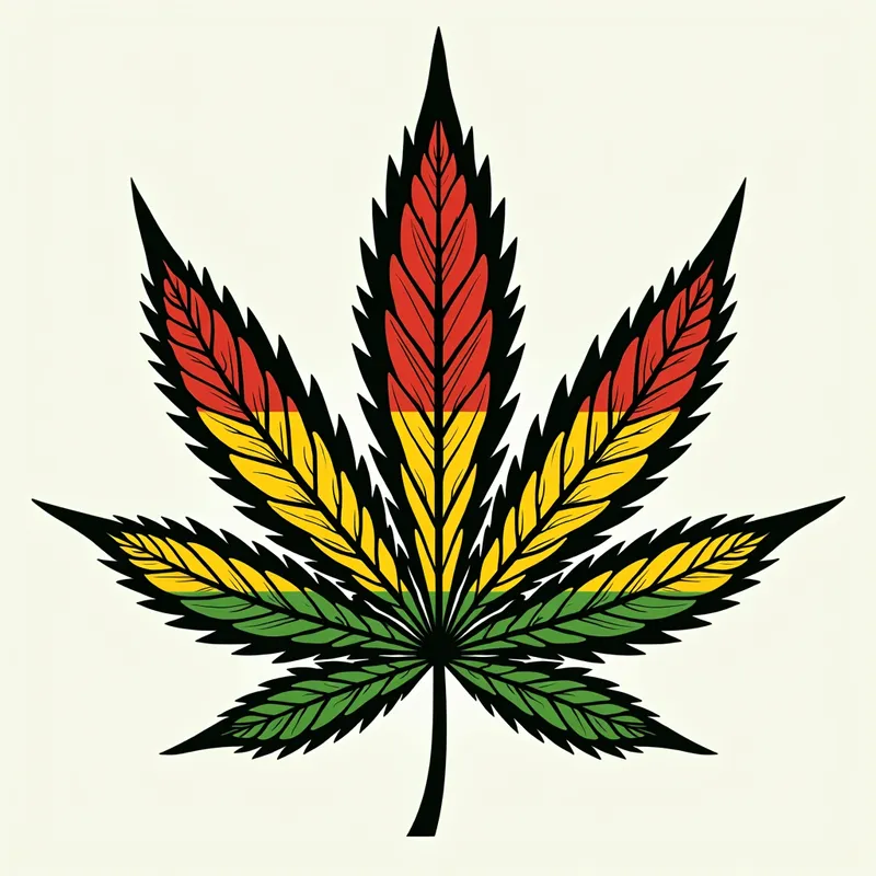Rasta Vibes Logo - A dynamic logo design centered on a marijuana leaf with rasta colors (red, yellow, green) gradients. The phrase 'TAO SALVAJE' is creatively embedded within the leaf’s veins, giving a wild and free spirit. - AI image generated with Text