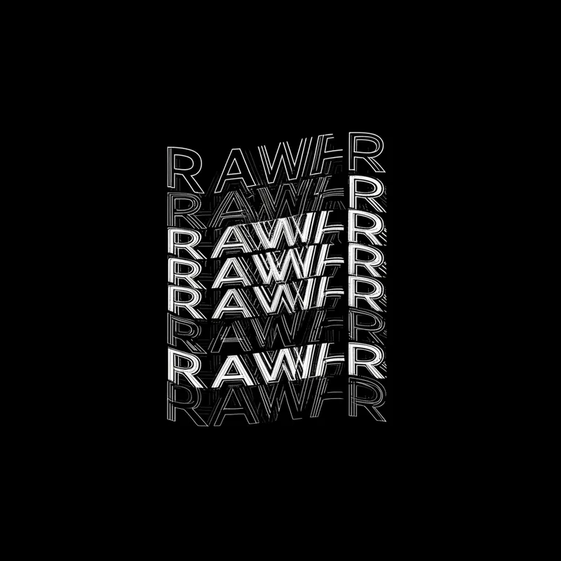 Rawr Repetition - An image composed of the word 'RAWR' in white text on a black background, repeated multiple times with slight misalignment. The sans-serif lettering style contributes to the primal, energetic feel. The high-contrast design keeps the focus on the repetitive text, inviting varied personal interpretations. - AI image generated with Imagen 3
