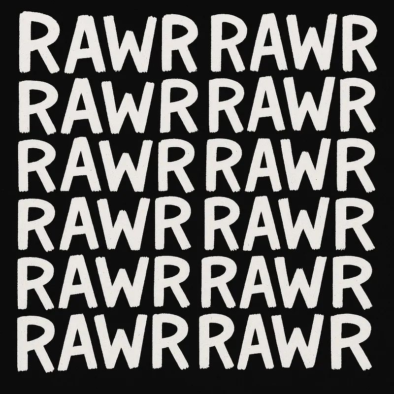 Rawr Repetition - An image composed of the word 'RAWR' in white text on a black background, repeated multiple times with slight misalignment. The sans-serif lettering style contributes to the primal, energetic feel. The high-contrast design keeps the focus on the repetitive text, inviting varied personal interpretations. - AI image generated with GPT Image