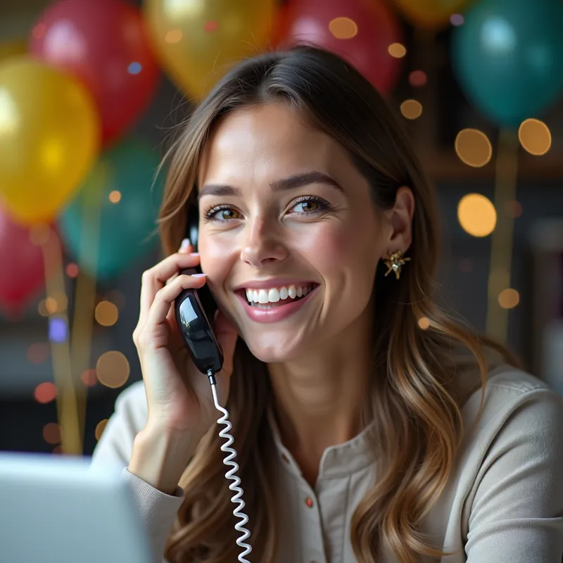 Réception d'une offre d'emploi - Image d'une personne recevant un appel téléphonique, les yeux brillants de joie. En arrière-plan, des éléments de fête comme des ballons et des confettis pour symboliser la réussite. Un écran d'ordinateur montre un e-mail d'offre d'emploi. - AI image generated with Photorealistic 2