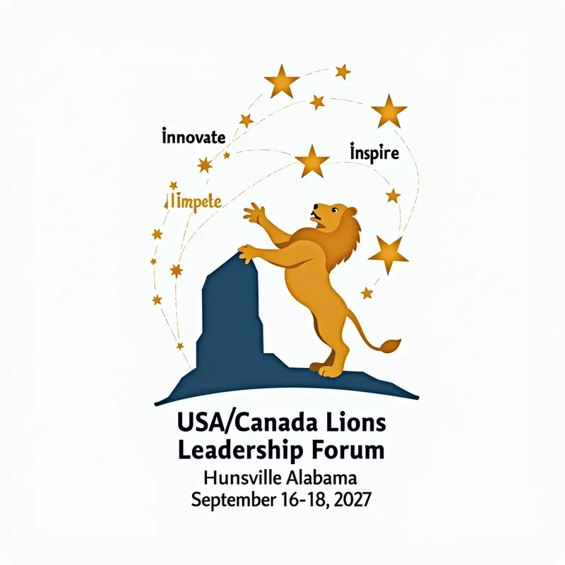 Reach for the Stars - Leadership Forum - Generate a logo for the USA/Canada Lions Leadership Forum showcasing a lion reaching upwards towards three stars represented as comets with the words Innovate, Inspire, and Impact. Text at the bottom: 'Huntsville, Alabama September 16 - 18, 2027.' - AI image generated with Text