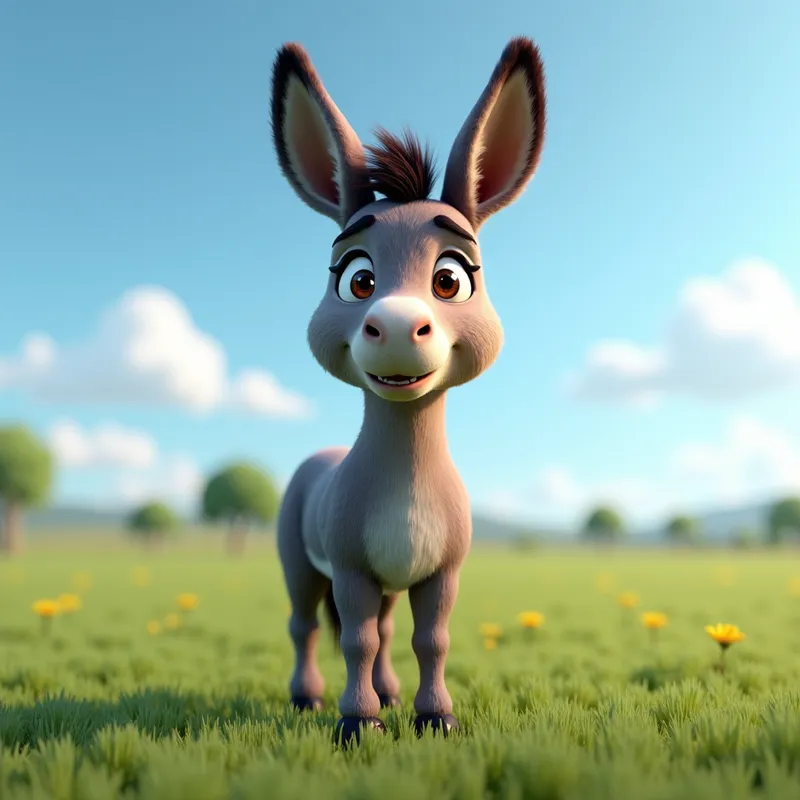 Realistic 3D Donkey in Grassy Field - Create a realistic 3D image of a donkey standing in a grassy field. The donkey should have detailed fur texture, expressive eyes, and a natural pose. The background should include a clear blue sky with a few fluffy clouds and some distant trees. - AI image generated with Photorealistic 2