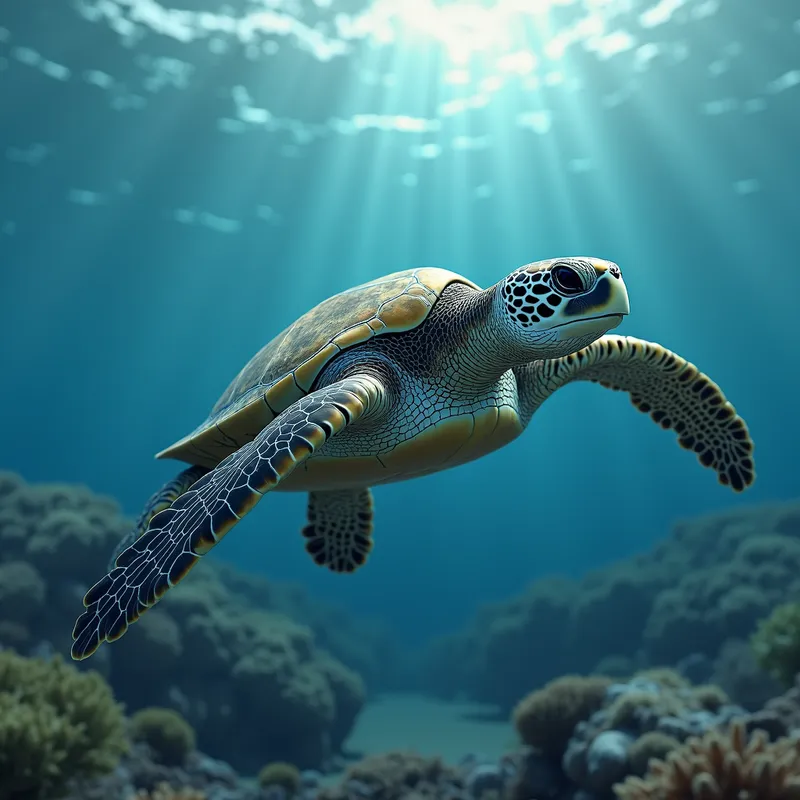 Realistic 3D Sea Turtle Underwater - 3D realistic detailed sea turtle swimming under the ocean - AI image generated with Photorealistic 2