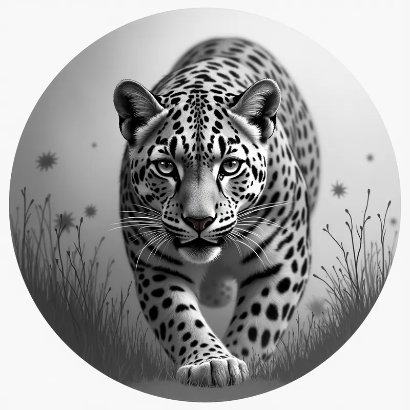 Realistic Grayscale Leopard Drawing - circular grayscale realistic pencil drawing of a clouded leopard stalking the camera - AI image generated with Photorealistic 2
