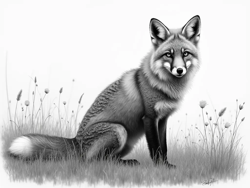 Realistic Grayscale Pencil Fox Drawing - grayscale detailed realistic pencil drawing of a fox in a field - AI image generated with Photorealistic 2