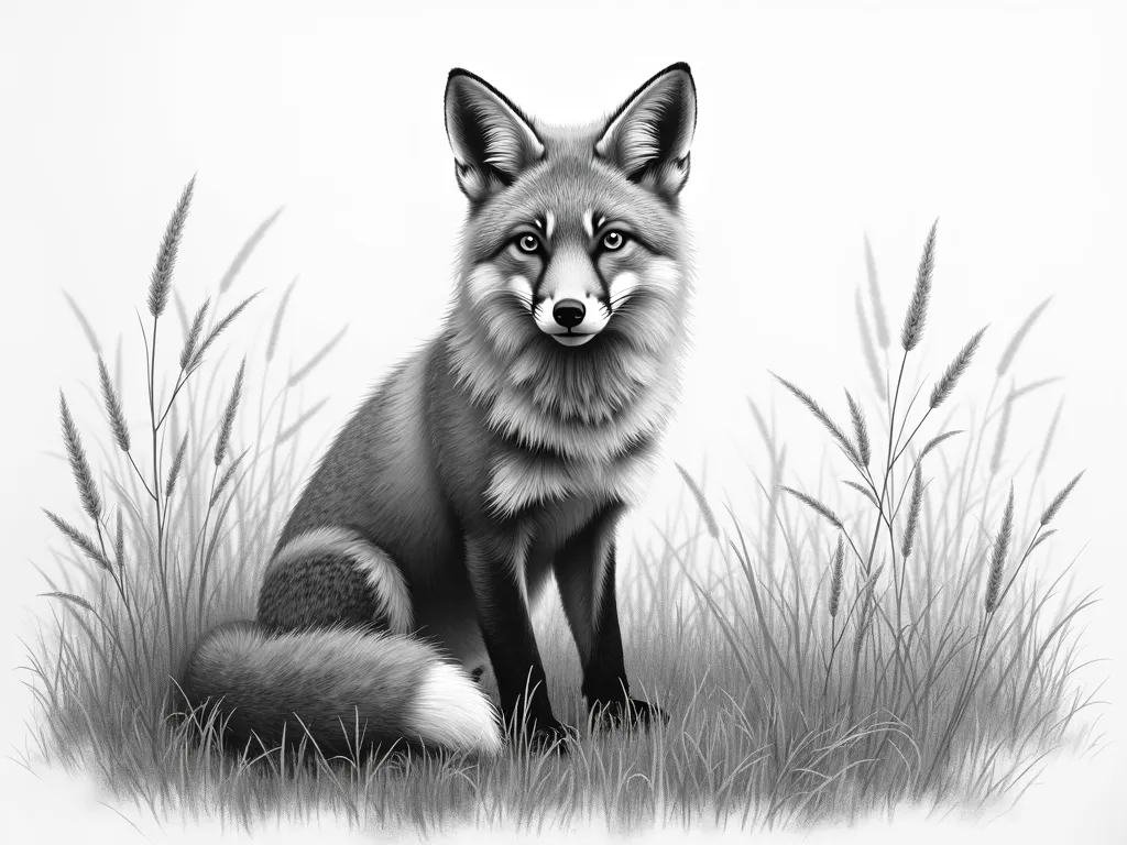 Realistic Grayscale Pencil Fox Drawing - grayscale detailed realistic pencil drawing of a fox in a field - AI image generated with Photorealistic 2