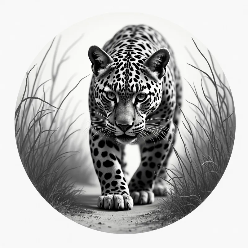 Realistic Jaguar Pencil Drawing - circular grayscale realistic pencil drawing of a jaguar stalking the camera - AI image generated with Photorealistic 2