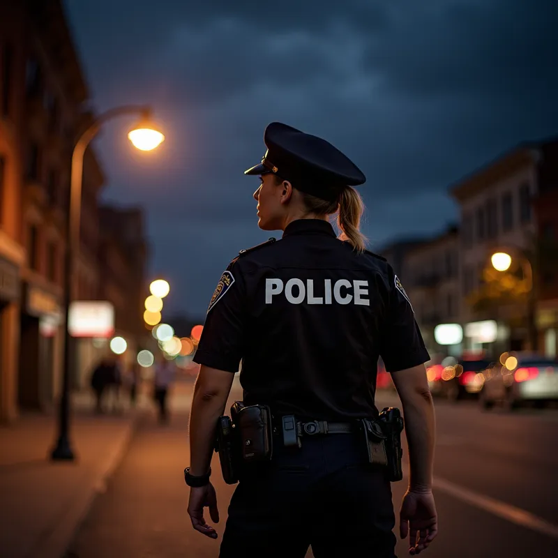 Rebecca Night Shift - Police Officer Rebecca stands under a glowing street lamp on a quiet city block at night, her vigilant posture and calm presence embodying her commitment to maintaining order. - AI image generated with Photorealistic 2