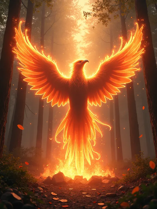 Rebirth of the Phoenix - An awe-inspiring image capturing the moment of a legendary phoenix's rebirth from the ashes, surrounded by a magical forest illuminated by its fiery aura and ancient symbols glowing in the background. - AI image generated with Photorealistic 2