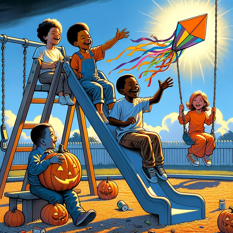 Recess Fun - Halloween and david wiesner inspired with Halloween colors and tone of today's 2 african american and 1 latino kids having fun at recess with only one kid on the slide and others on swings and everyone being safe and a blue sky with a kite flying by for kids - AI image generated with Art - gouache technique, cartoony